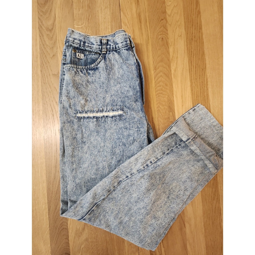 Vtg 80s 90s AJ's Blue Acid Wash Thrashed Jeans Wms 36/15 Wide Leg READ